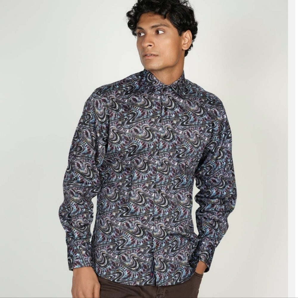 Luchiano Visconti Swirl Print Stretch Long-Sleeve Woven Shirt